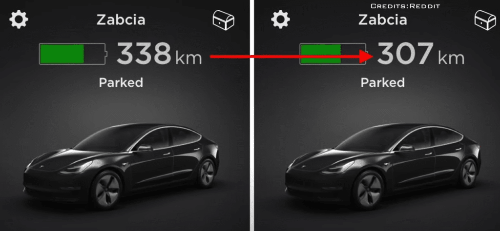 tesla range loss when parked